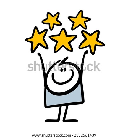 Cute child stickman waved his hands and holds the highest rating of five stars. Vector illustration of a satisfied consumer and buyer. Funny comics person action isolated on white background. 