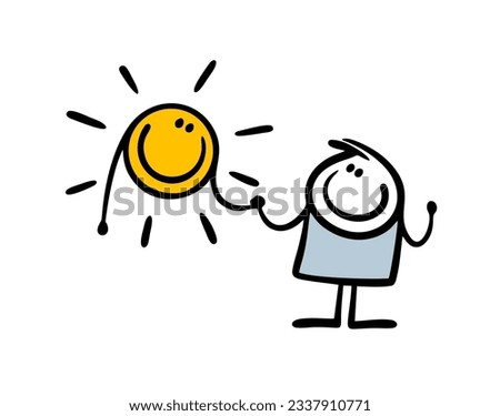 Cartoon sun with a human face holds a stickman hand. Vector illustration of warm friendly relations. Funny character isolated on white background.