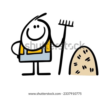 Young comics farmer holds a rake and collected grass in haystack in the field. Vector illustration of  farm worker, harvest in late summer, early autumn. Funny character isolated on white background.