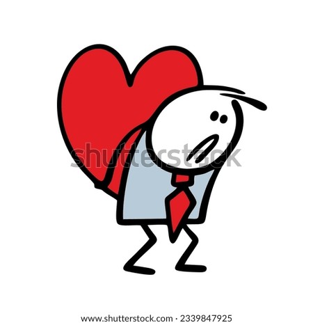 Sad man in business suit holding large heart in hands on the back. Vector illustration of tired stickman character in love. Cute stick figure person isolated on white background.