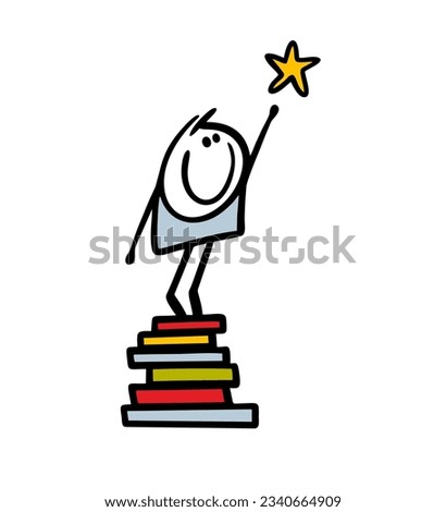 Cute little stickman boy stands on a stack of books he has read and reaches for a star in the sky. Vector illustration of the benefits of reading. Funny person isolated on white background.