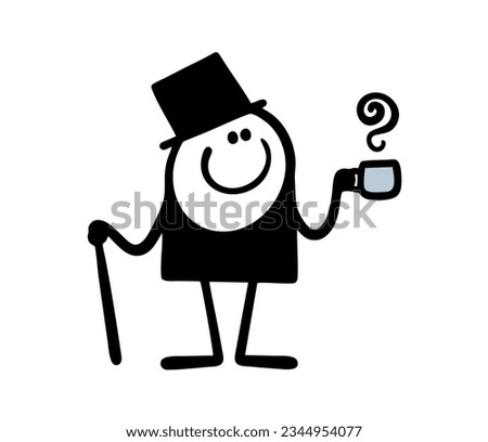 Gentleman from England in a top hat and a black frock coat drinks traditional tea at five clock. Vector illustration of cartoon stickman and hot coffee in  cup. Isolated character on white background.