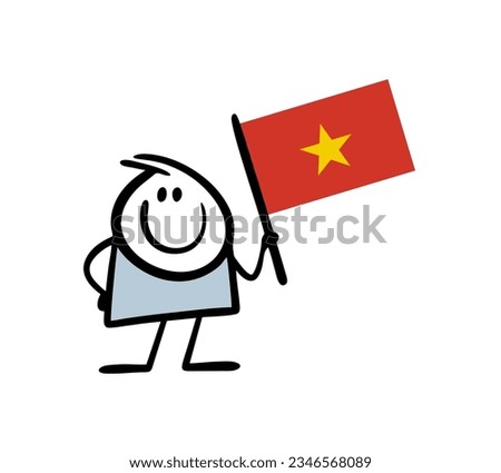 Stickman holds a big red flag of Vietnam. Vector illustration of the development of Vietnamese tourism in Asia. Cute person isolated on white background.