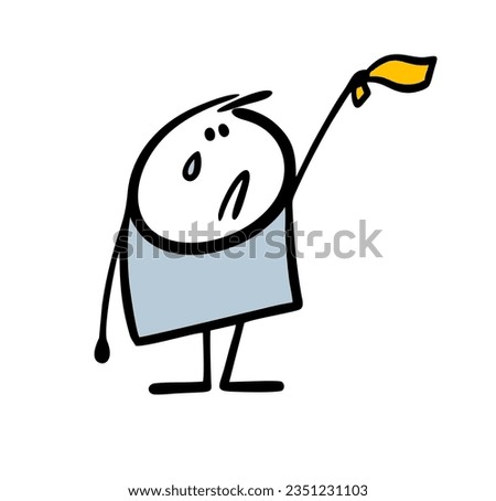 Sad stickman accompanies a friend, cries and waves a handkerchief goodbye. Vector illustration of a suffering guy, a tear on his face from separation. Funny person isolated on white background.
