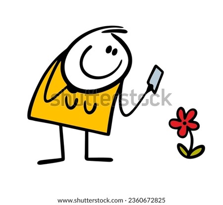 Young woman leans over a flower and takes a photo on her smartphone. Vector illustration of an attractive lady and beautiful plant in the garden or in nature. Cute person isolated on white background.