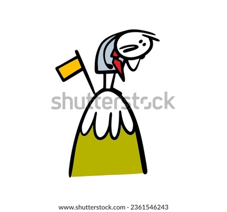 Sad businessman stands on the top of a mountain and looks down in fright, does not know how to get off. Vector illustration of the flag and achievements. Funny character isolated on white background.