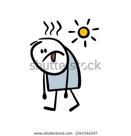 Cartoon tired man wanders under the scorching sun with his tongue sticking out from thirst and heat. Vector illustration of stickman in  desert thirsty. Funny character isolated on white background.