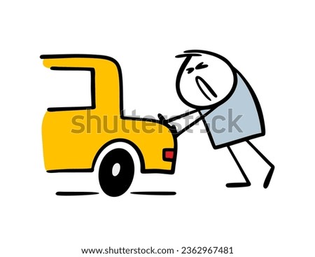 Hand drawn tired man pushes a yellow taxi car. Vector illustration of a faulty vehicle and a sad driver without skills. Flat character isolated on white background.