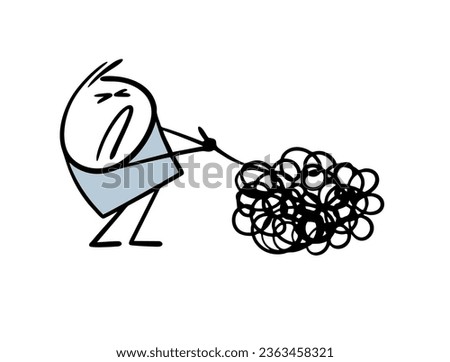 Cartoon weak patient pulls a thread in the tangle of his thoughts. Vector illustration of the help of a psychologist and a sick stickman. Flat character isolated on white background.