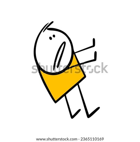 Funny man falls back in surprise. Vector illustration of cartoon stickman closes his hands in fear and stops the interlocutor. Cute doodle person isolated on white background.