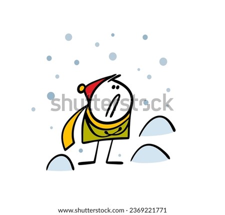 Cartoon disgruntled frozen stickman boy stands among the snowdrifts. Vector illustration of winter snowfall and cold blizzard. Funny person on white background.