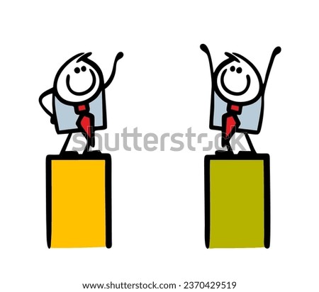 Two business partners stand on different shores and rejoice at the meeting. Vector concept illustration of successful work and business. Caricature character isolated on white background.