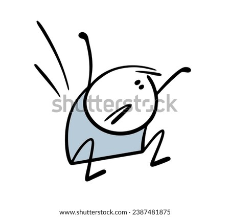 Stickman athlete grouped and jumps down from a height. Vector illustration of hand drawn doodle boy in physical education lesson in school. Funny upset character. Isolated cartoon on white background.