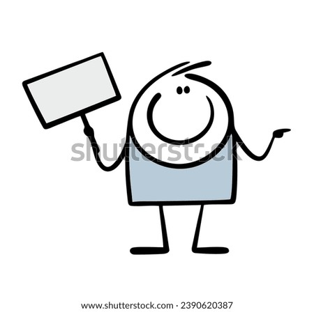 Funny man stickman stands with doodle sign and points his finger in the direction. Vector illustration of cartoon character attracts attention, empty space for text. Isolated on white background.