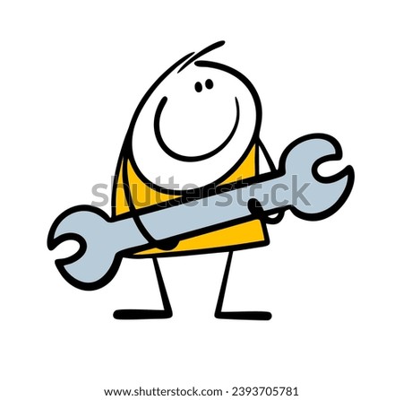 Funny stickman holds a wrench. Vector illustration of a worker with huge tool, cartoon skilled man capable of repairing a thing. Isolated on white background.