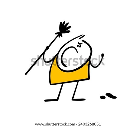 Angry janitor waves a broom and menacingly yells at the hooligans. Vector illustration of stickman the janitor saw garbage and dirty spot on the floor. Isolated cartoon character on white background.