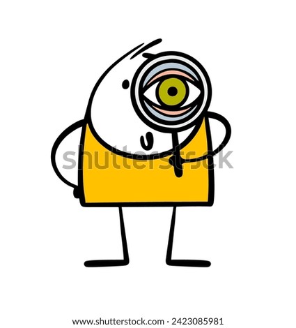 Inquisitive stickman stares intently through  magnifying glass. Vector illustration of  child at school in biology lesson studying microcosm. Detective looking for  trace. Isolated person on white.