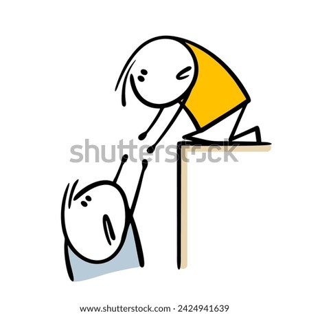 The unfortunate man fell into a pit, stretches out his arms, asks for help. Vector illustration of a stickman on a cliff looking down trying to pull out  friend. Isolated drawings on white background.