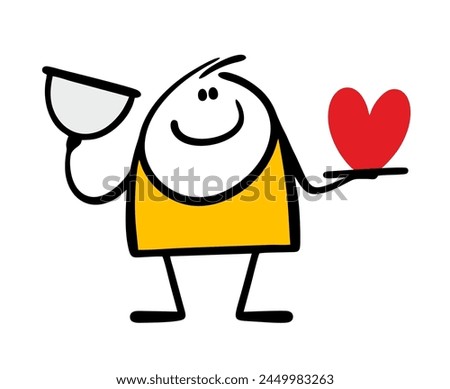 Doodle satisfied stick man brought the dish. Funny vector illustration of  cook lifting cap off  plate and showing  large red heart. Gives love. Isolated cartoon character on white background.