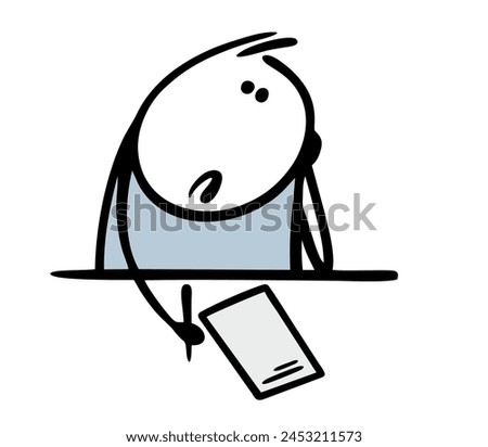 Student sits at a table in class and solves problems. Vector illustration of complex mathematics. Boy writes a sad letter, misses his beloved. Isolated cartoon character on white background.