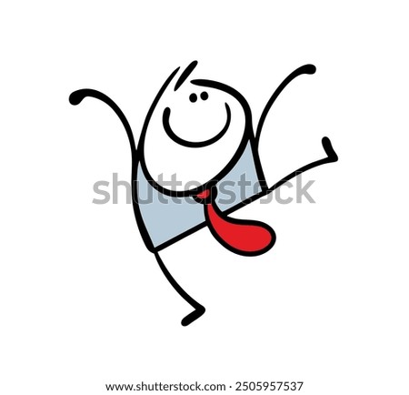 Cheerful businessman in a suit has gone crazy, dancing, jumping, rejoicing. Vector illustration of a happy office employee completing a successful deal. Isolated funny character on white background.