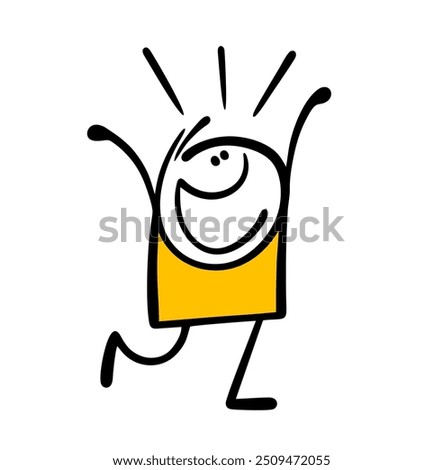 Doodle happy stickman child waves his hands, jumps, attracts attention. Vector illustration of a happy character from a comic book. Funny  boy is dancing modern and singing song.