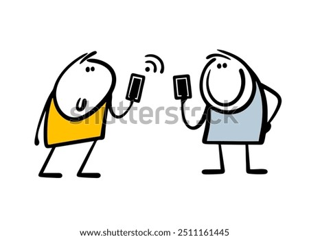 Two young people  are exchanging wifi on the street. Vector illustration of cartoon stickman and free internet. Isolated doodle characters on white background.