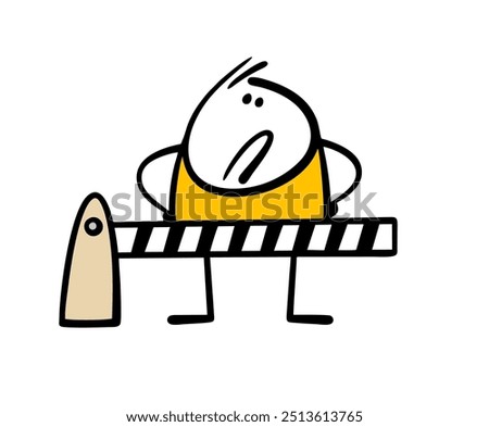 Disgruntled man stands in front of a closed barrier. Vector illustration of restriction of freedom and rights. Passage is impossible, the cartoon stickman is upset and looks at the striped stick.