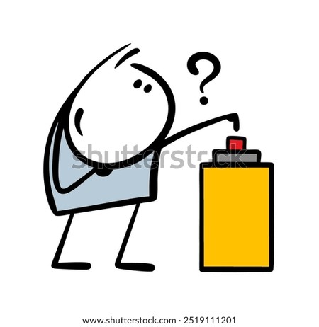 
Funny stickman presses a big red button. Vector illustration of a stupid boy doing a rash act. Cartoon dangerous situation, a device of unknown purpose and a question mark.