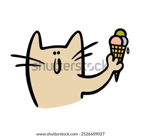 Funny cute cartoon cat holds a waffle cone and ice cream balls in its paw and shows them. Vector illustration of a kitten showing off a sweet dessert. Pet and junk food.