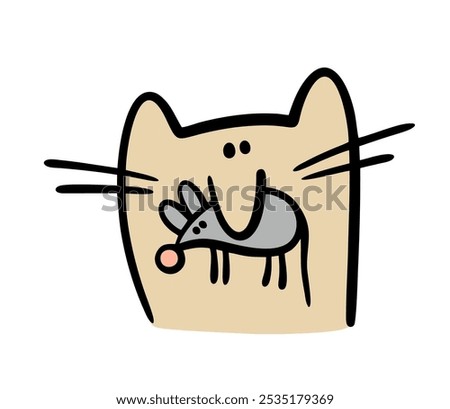 Doodle muzzle of a contented kitten. Vector illustration of a nimble cat catching a mouse and holding a rodent in its mouth.  Good hunting, fun game. Hunters are the prey. Isolated animals on white.