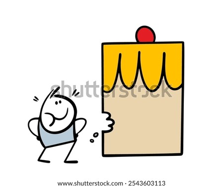 Cheeky little kid took a bite out of a huge cake. Vector illustration of funny cartoon stickman eating sweets. Isolated character on white background.