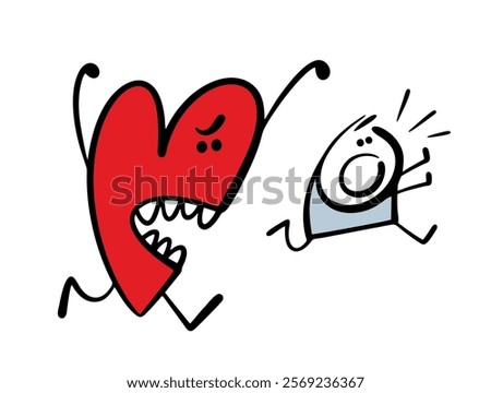 Huge heart with teeth is chasing poor stickman. Vector illustration of a guy escaping from a funny monster. Cute victim of love. Isolated cartoon person on white background.