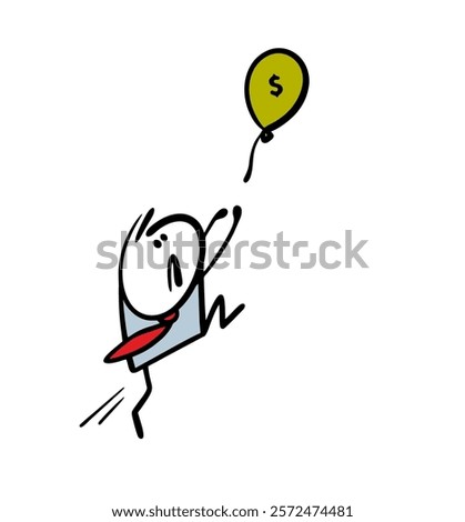 An alarmed businessman jumps for a balloon. Vector illustration of a business concept, an office employee has missed a financial benefit. Dollar sign, the stickman is at a loss. Doodle character.