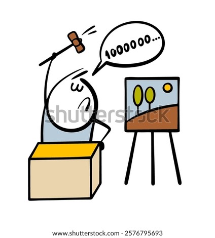 Stickman is auctioning off  very expensive piece of art. Vector illustration of a painting in  antique frame and a man with wooden hammer calls the price of  masterpiece. Isolated caricature.