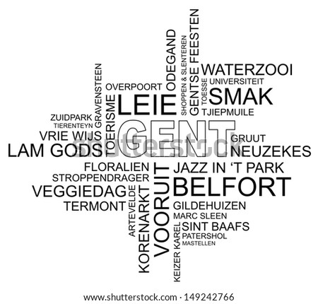 word cloud around ghent, city in belgium, flanders, vector, dutch and flemish version