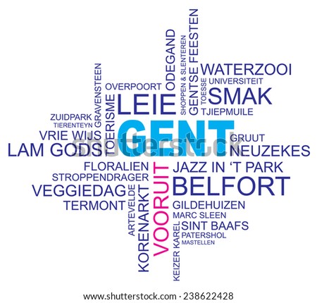 word cloud around ghent, city in belgium, flanders, vector, dutch and flemish version, eps10