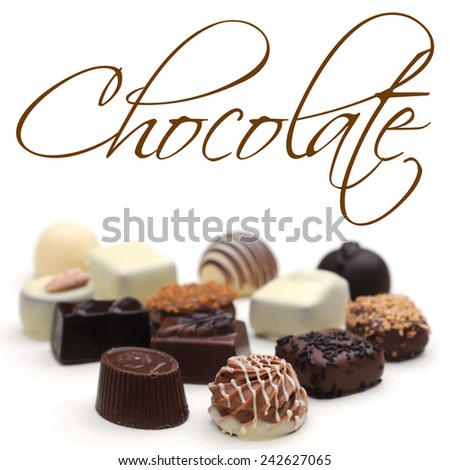 Belgian chocolates on white, shallow depth of field, selective focus, easy removable sample text