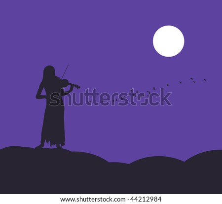 Night composition with the image of the girl playing a violin under the moon