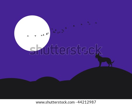 Night landscape with the image of a wolf on a grief and birds flying under the moon