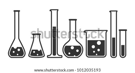 Laboratory glassware instruments icons set. Equipment for chemical lab in flat style. Beaker and flask, chemical glass for science lab. Vector illustration