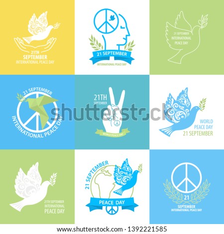 International peace day collection. Set include Dove with olive branch, eath and ather peace day symbol. Vector Illustration