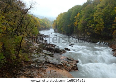 The mountain river with muddy water on a foggy day