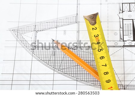 Architectural drawings and tools of the architect. Construction planning drawings