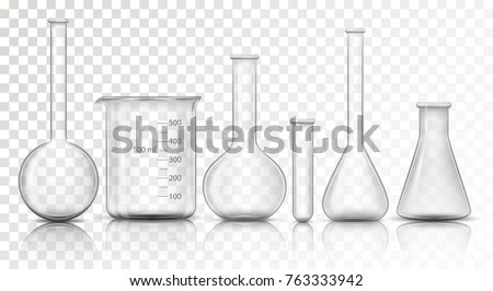 Laboratory transparent glassware instruments. Empty equipment for chemical lab in realistic style. Beaker and flask, chemical glass transparent for lab. Vector illustration