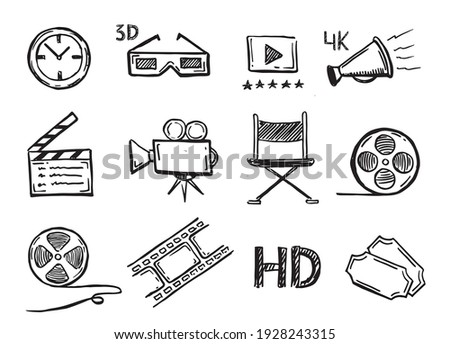 Cinema decorative symbols set,  vector hand drawn. 	