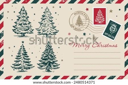 Christmas mail, postcard, hand drawn illustration.	