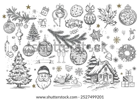 Christmas cookie, tree, ball, star, set on white, Hand drawn illustration