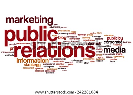 Public relations word cloud concept with marketing communication related tags