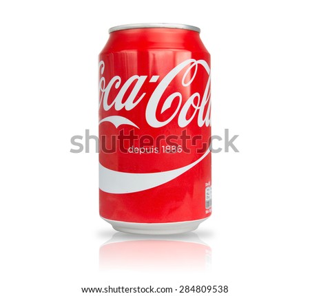 TOURS, FRANCE - JUNE 6, 2015: Closeup of aluminum red can of Coca-Cola produced by the Coca-Cola Company